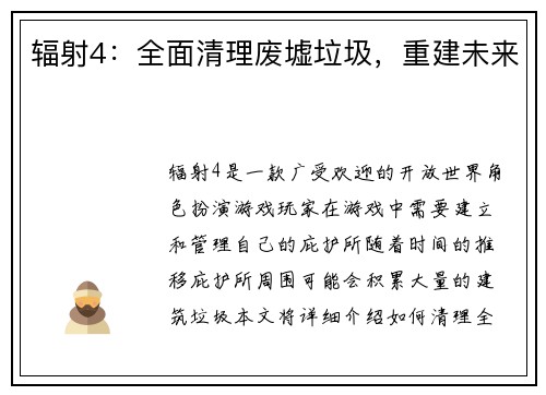 辐射4：全面清理废墟垃圾，重建未来